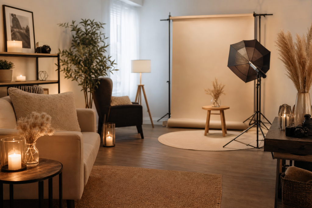 Studio lighting, backdrop and camera setup for commercial sessions in Bronzeville, Chicago, IL by Video Studio Jimenez