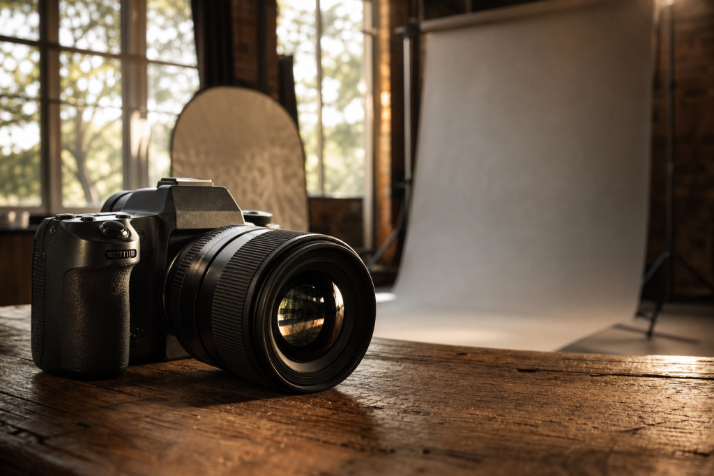 Professional studio setup with portrait camera, softbox lighting and backdrop used by photographers in Gold Coast Chicago IL