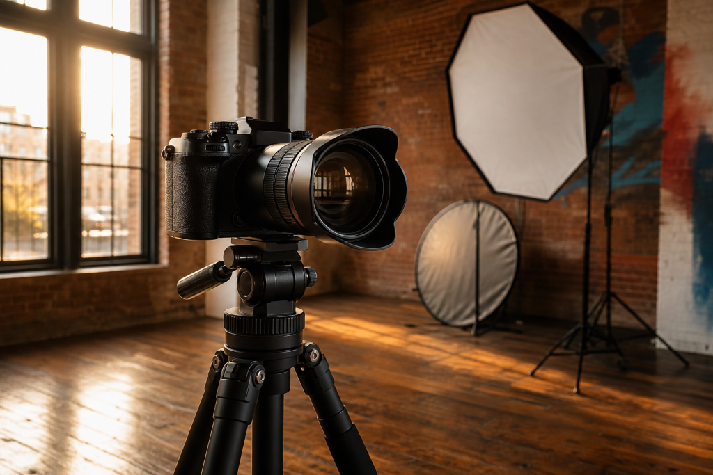 Professional studio space in Pilsen, Chicago IL with softbox lighting and exposed brick walls — Video Studio Jimenez