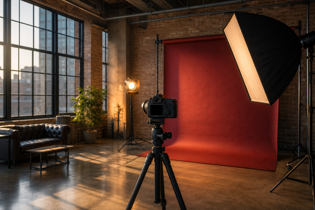 Professional studio setup in West Loop Chicago with camera on tripod, softbox lighting and red backdrop — Video Studio