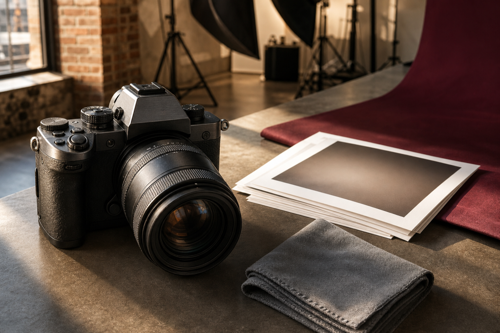 Camera, prime lens and studio lighting arranged for client sessions in Cicero, IL